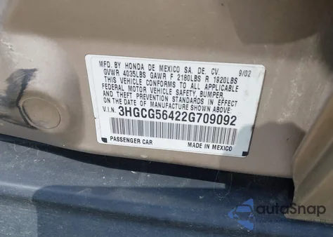 2002 Honda Accord 2.3 Lx from USA, damaged, VIN 3HGCG56422G709092